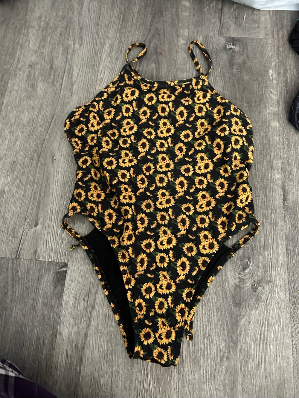 Jolyn Clothing Black One-Piece Swimsuit with Yellow Sunflower Print